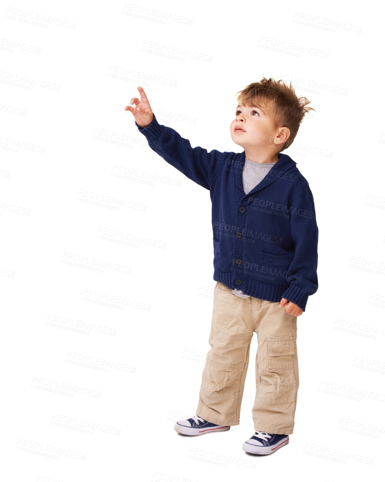 Buy stock photo Mockup, space and child pointing up in studio isolated on a white background. Serious kid, hand gesture and advertising, cute young boy show promotion and presentation offer, sale or info on backdrop