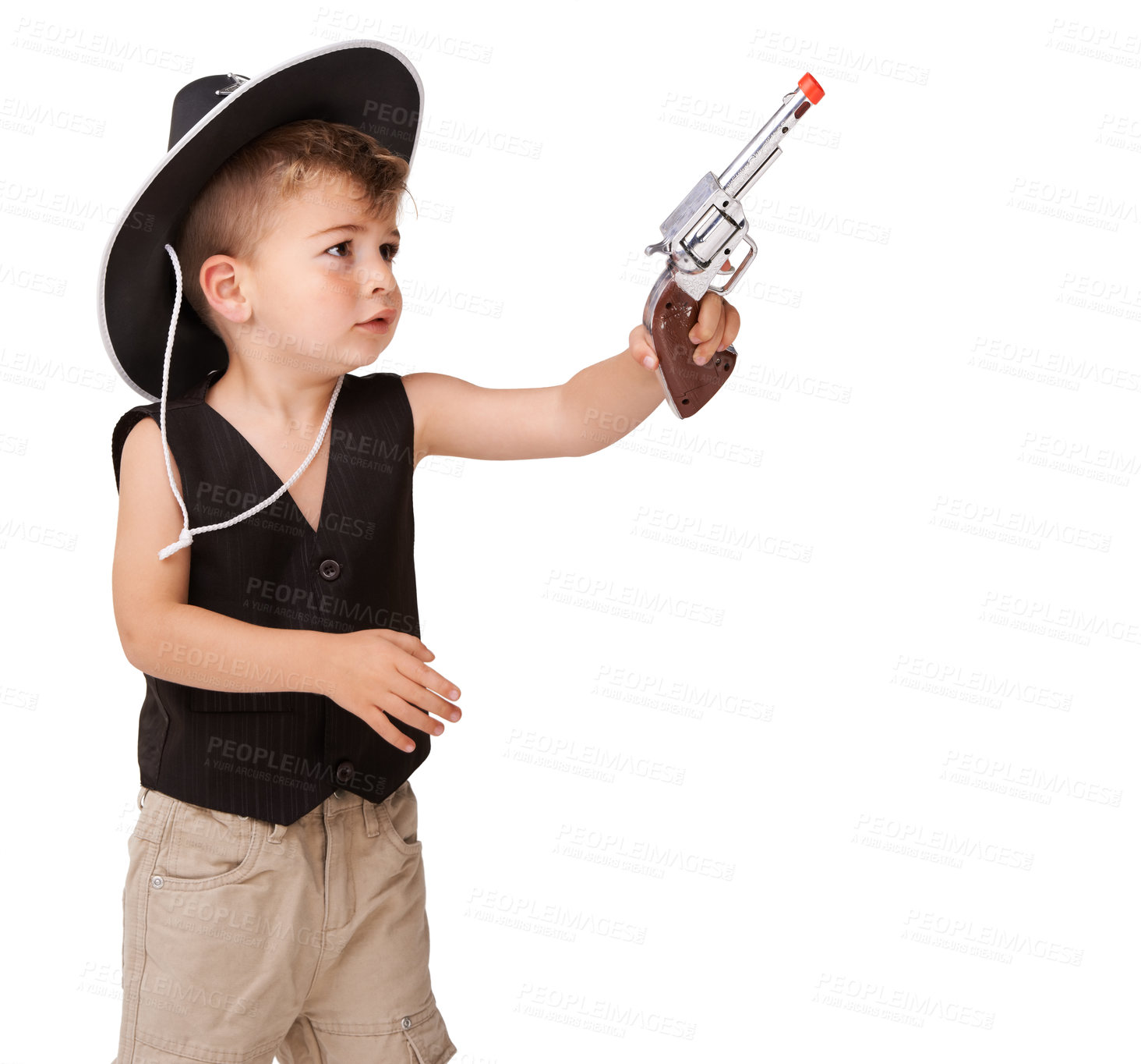Buy stock photo Kid, cowboy hat and toy gun in studio isolated on a white background mockup space. Child, pistol and play in western costume for halloween, shooting and cute young boy dress up on holiday for fun