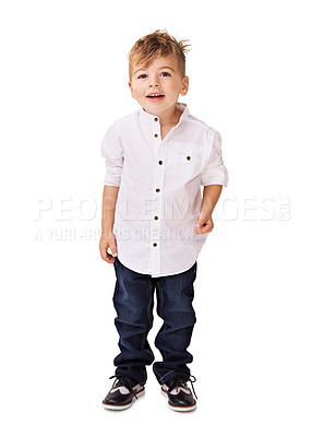 Buy stock photo Portrait, adorable and young kid in studio isolated on a white background in Australia. Cute, child or boy in casual clothes, fashion shirt and confident model or preschooler in jeans on mockup space