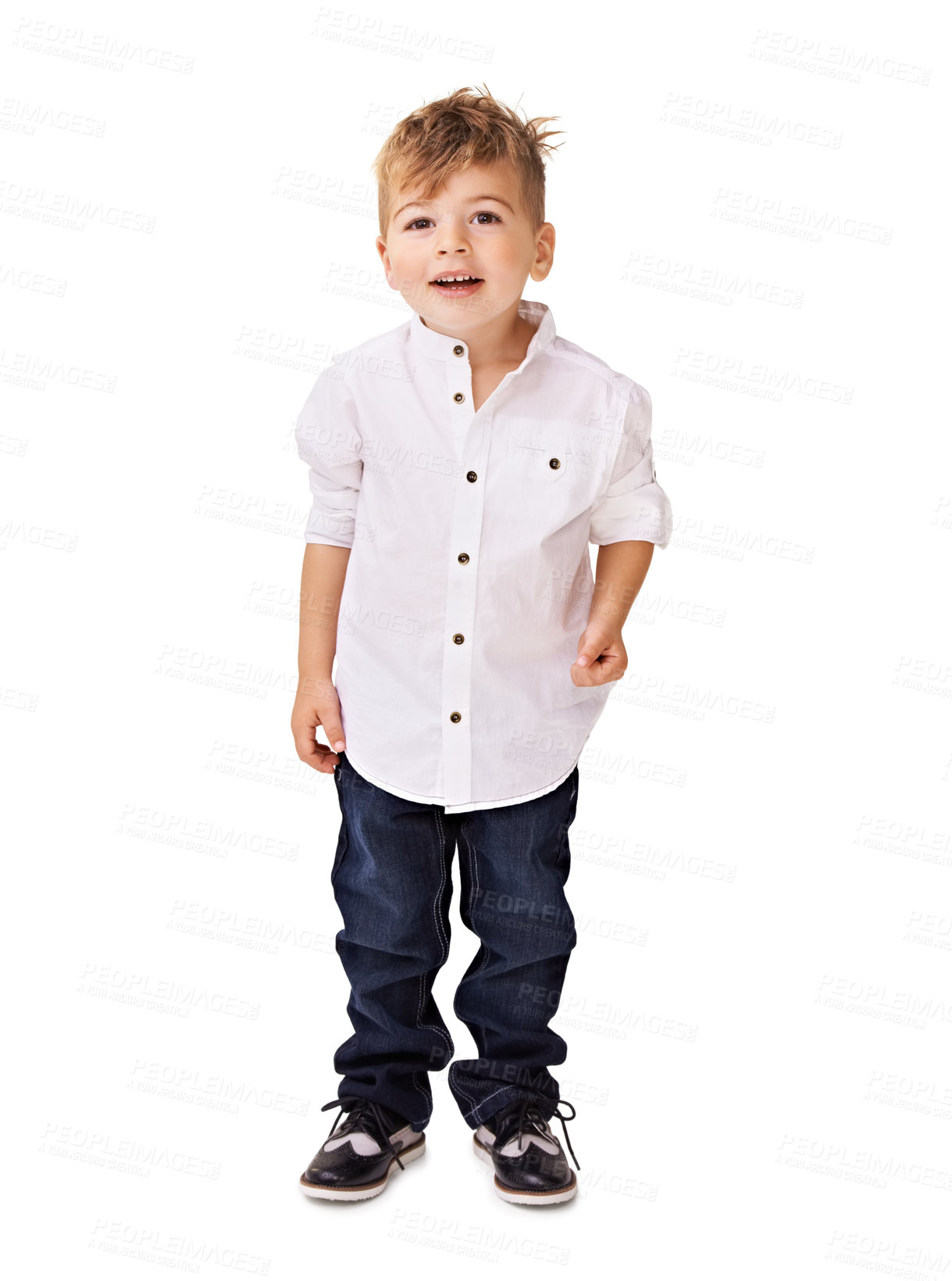 Buy stock photo Portrait, adorable and young kid in studio isolated on a white background in Australia. Cute, child or boy in casual clothes, fashion shirt and confident model or preschooler in jeans on mockup space