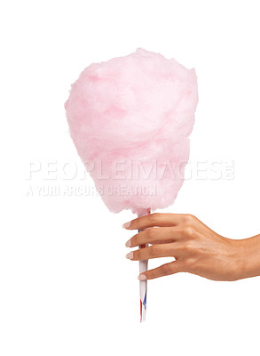 Buy stock photo Cotton candy, sweet and woman hands isolated on a white background for snack, pink food and holiday treat. Person hand holding, giving or offer color cone for youth, childhood and festival in studio