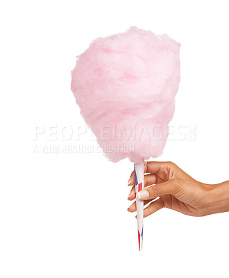 Buy stock photo Cropped image of a woman holding some delicious candy floss while isolated on white