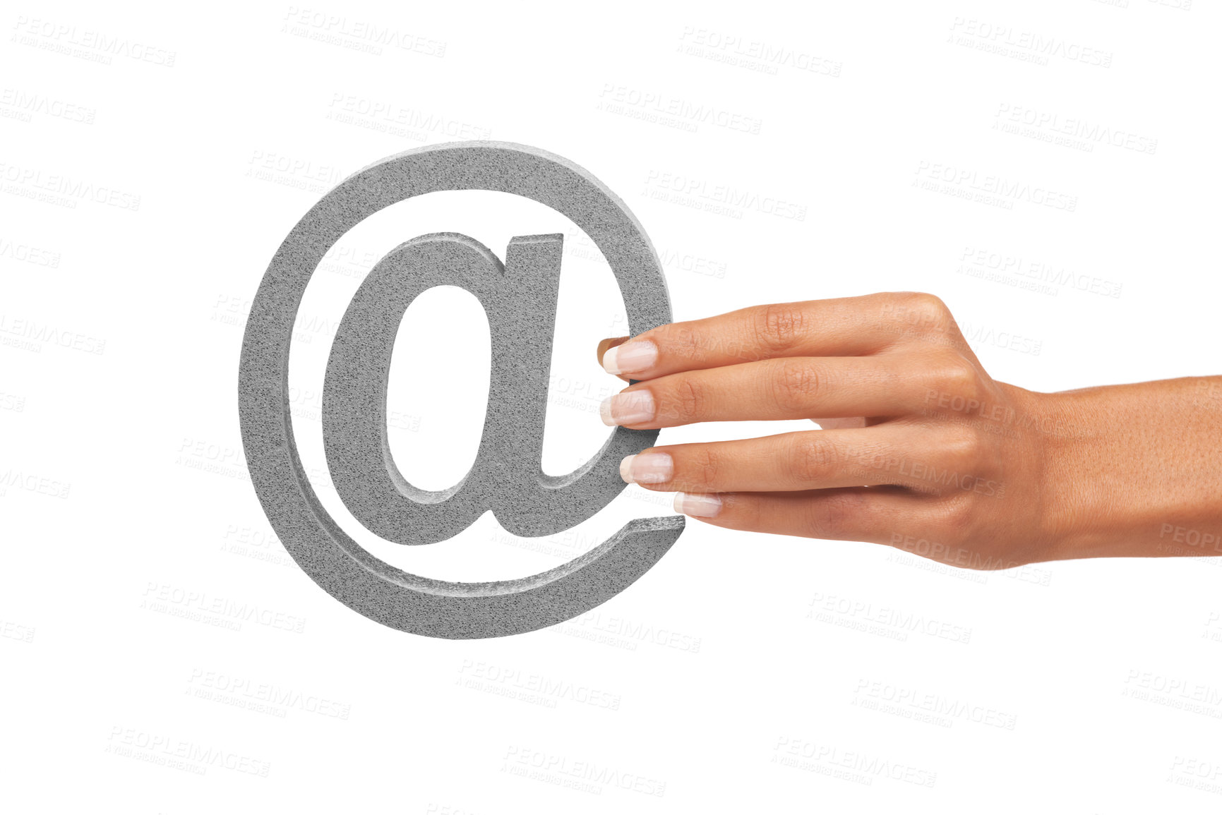 Buy stock photo Hands, @ font and letter on a white background in studio isolated on mockup or copy space. Fingers, palm and at symbol, sign and closeup of character icon for address, communication and alphabet