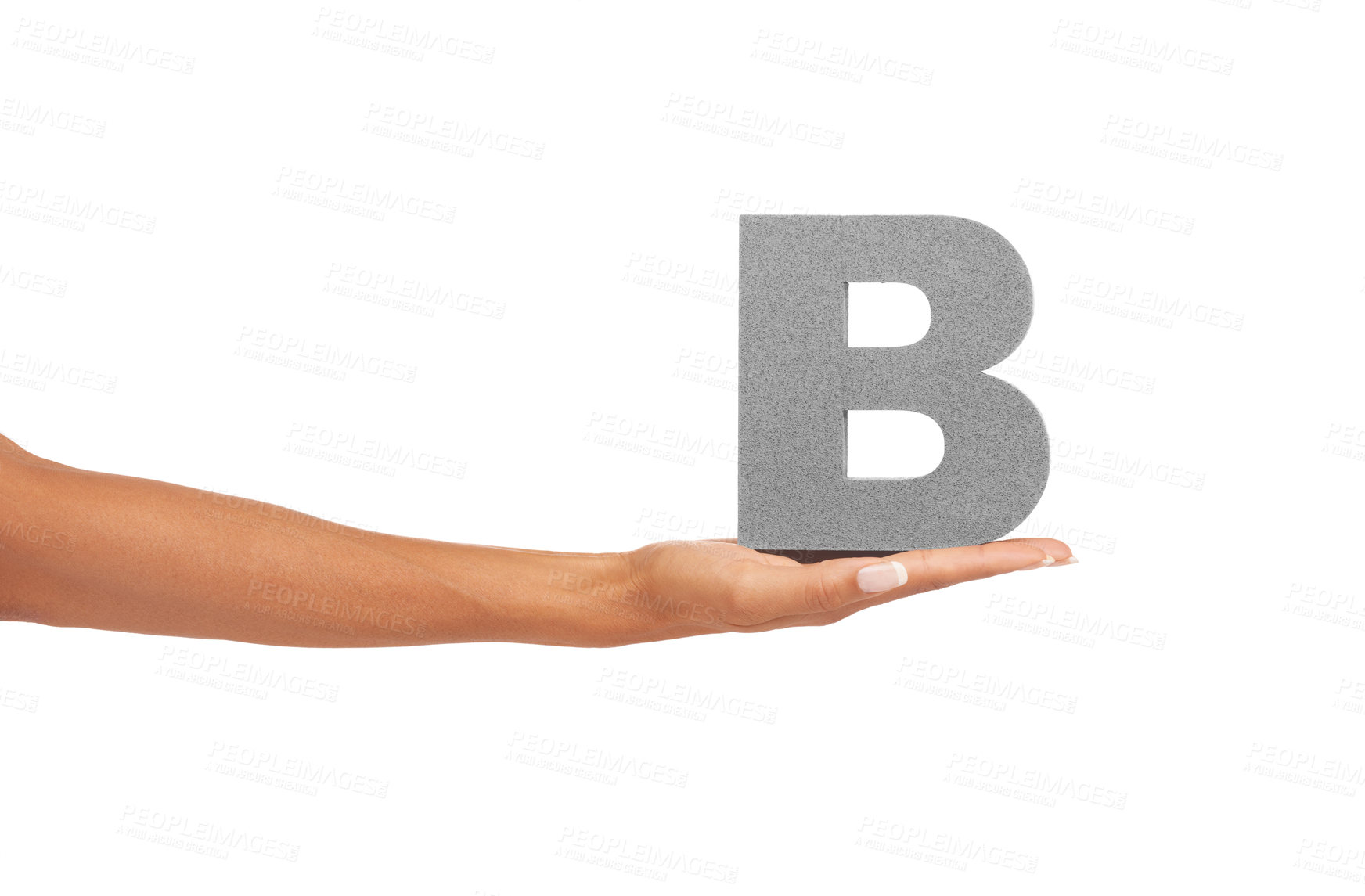 Buy stock photo Alphabet, capital letter B and hand in studio for learning font, education and isolated on white background. Closeup woman with grammar character, icon for teaching language and mockup space in palm
