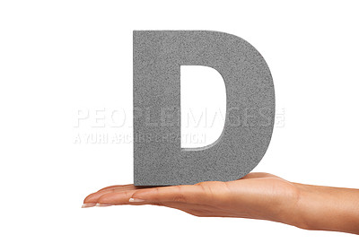 Buy stock photo D, alphabet and hand with letter on a white background for spelling, language and message. English, communication and isolated sign, symbol and icon on palm in studio for learning, education and font
