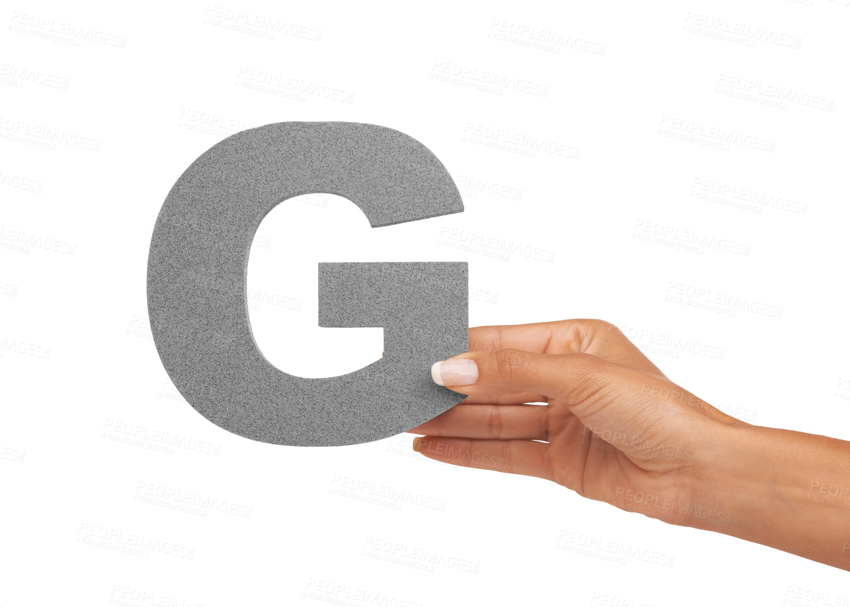 Buy stock photo Hand of woman, capital letter G and presentation of consonant isolated on white background. Character, font and person with English alphabet typeface for communication, reading and writing in studio.