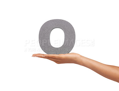 Buy stock photo O, alphabet and hand with letter on a white background for spelling, language and message. English, communication and isolated sign, symbol and icon on palm in studio for learning, education and font