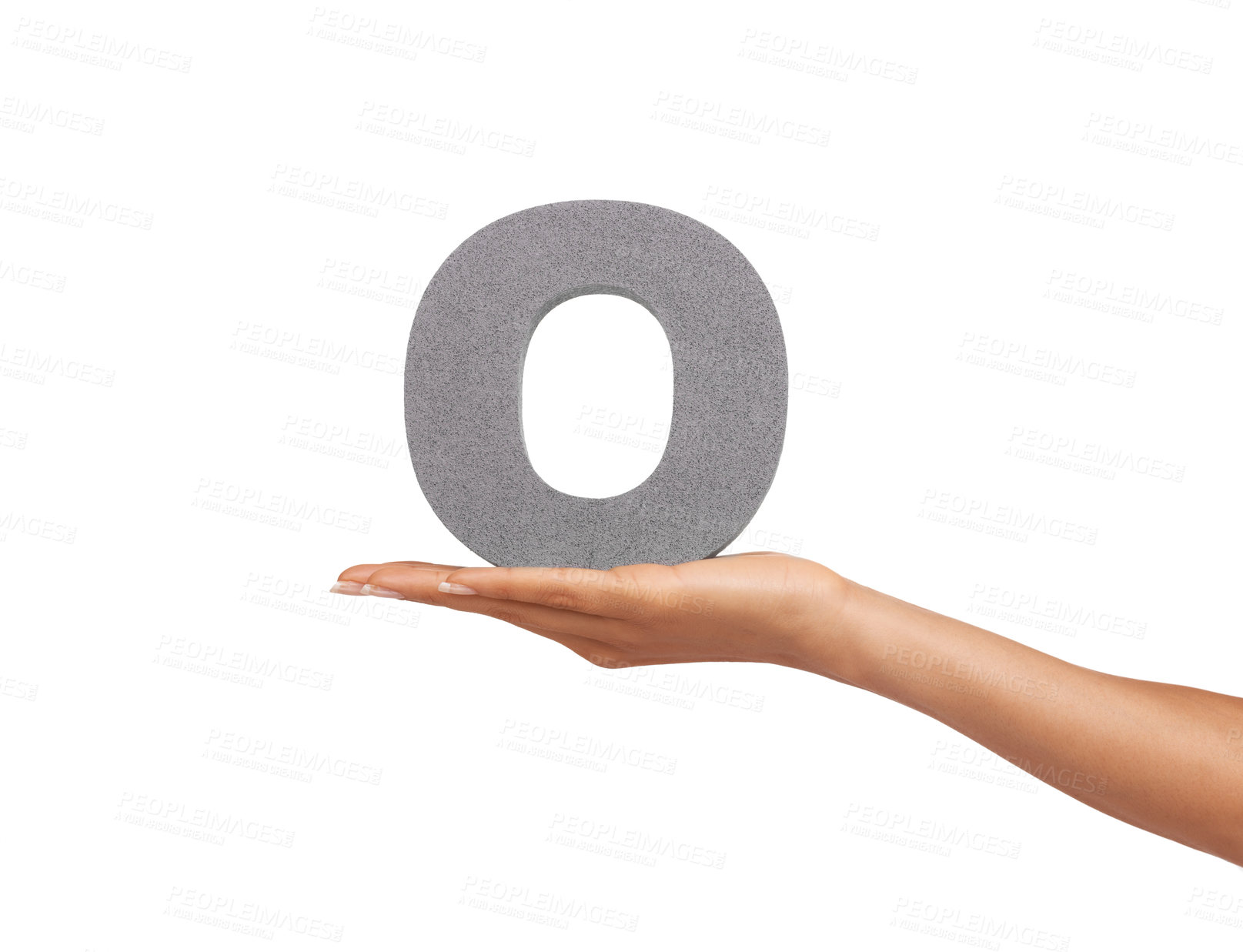 Buy stock photo O, alphabet and hand with letter on a white background for spelling, language and message. English, communication and isolated sign, symbol and icon on palm in studio for learning, education and font