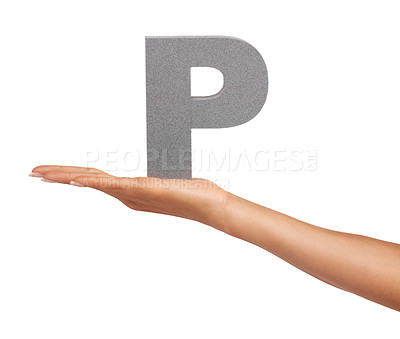 Buy stock photo Woman, hand and font or alphabet in studio for advertising, learning or teaching presentation. Sign, letter or character for marketing, text or communication and grammar or symbol on white background