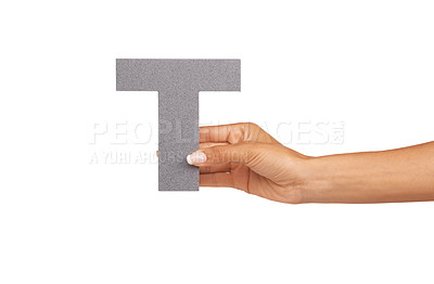 Buy stock photo Hands, font and capital letter T in studio isolated on a white background mockup space. Fingers, alphabet and closeup of sign for typo, communication or learning language, character or uppercase icon