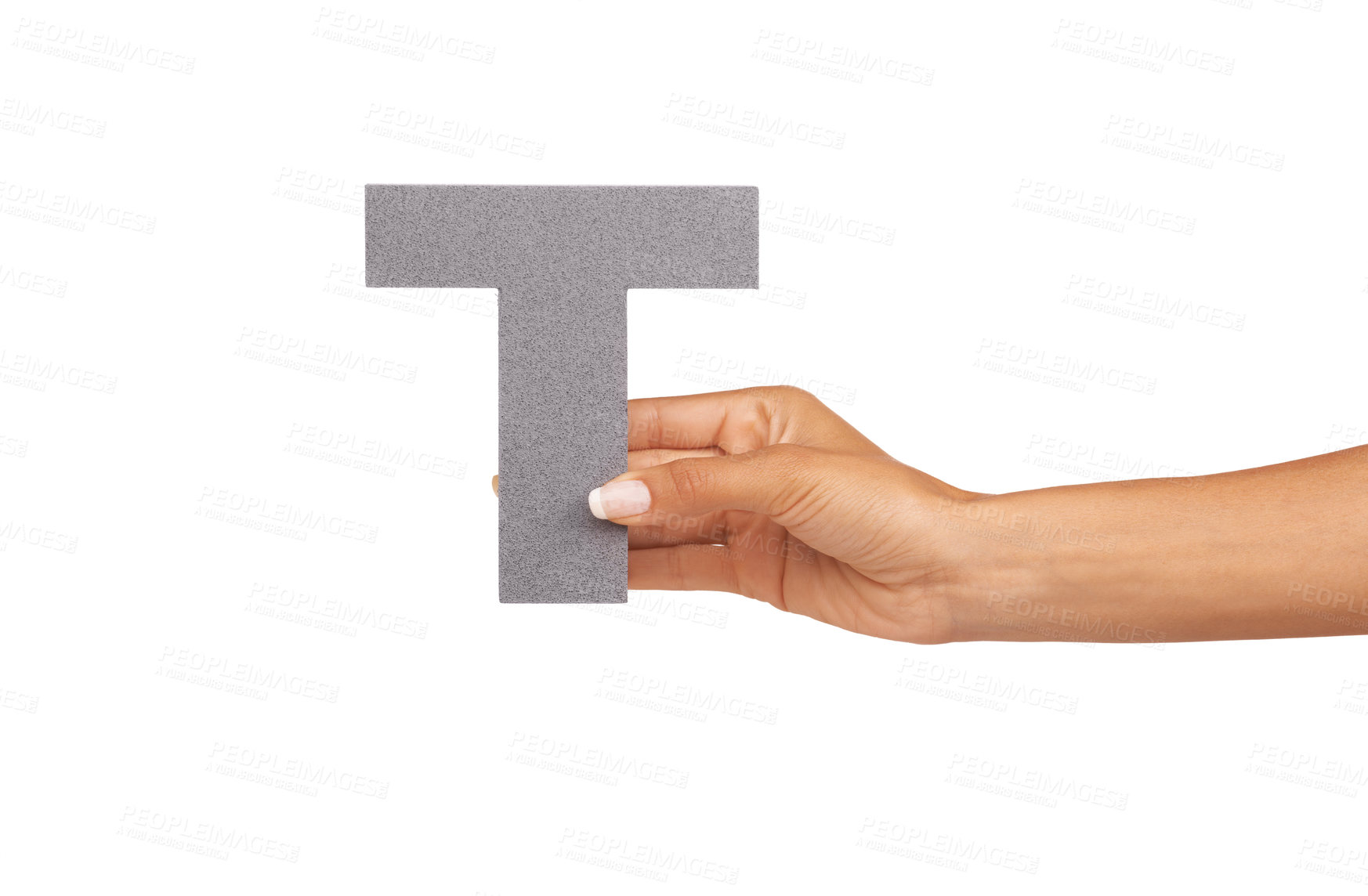 Buy stock photo Hands, font and capital letter T in studio isolated on a white background mockup space. Fingers, alphabet and closeup of sign for typo, communication or learning language, character or uppercase icon