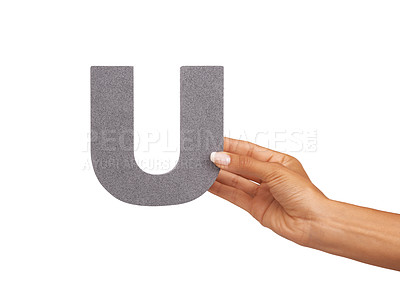 Buy stock photo Hands, alphabet and capital letter U in studio isolated on a white background. Fingers, font and closeup of sign for typography, communication or learning language, character or show uppercase icon