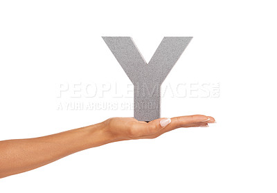 Buy stock photo Woman, hand and Y font or alphabet in studio for advertising, learning or teaching on mockup. Sign, letter and character for marketing, text or communication and grammar or symbol on white background