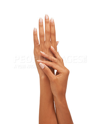 Buy stock photo Touching, soft and hands with a spa manicure isolated on a white background in a studio. Skincare, beauty and a woman showing a hand, luxury treatment and feeling healthy skin from cosmetics
