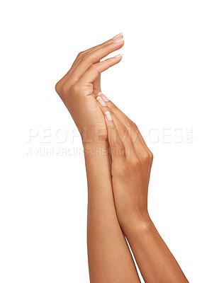 Buy stock photo Woman, hand and palm in studio with skincare for cosmetics, manicure and nail treatment for wellness. Person, fingers or mock up space for cosmetology, moisturiser and smooth skin on white background