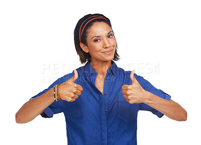 Buy stock photo Woman, thumbs up and portrait in studio for agreement or good news, support or vote yes. Female person, face and hand gesture on white background for mockup space as winning results, approval or like