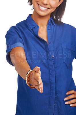 Buy stock photo Hiring, closeup or person shaking hands in studio agreement isolated on white background. Smile, yes or happy woman in b2b handshake for job promotion, deal negotiation or partnership opportunity