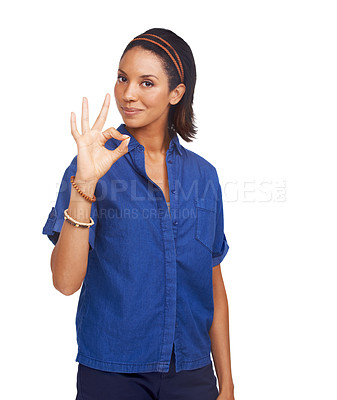 Buy stock photo White background, portrait or black woman with okay hand sign for support, agreement or feedback. Good review, face or happy person in studio with opinion or perfect gesture for approval, like or yes