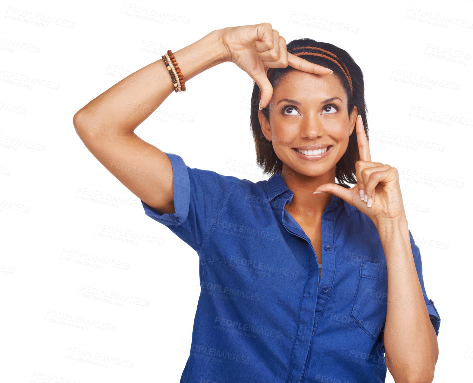 Buy stock photo Woman, hands and framing face in studio for perspective photography, inspiration or white background. Female person, model and fingers border for happy capture on mockup space, confident or picture