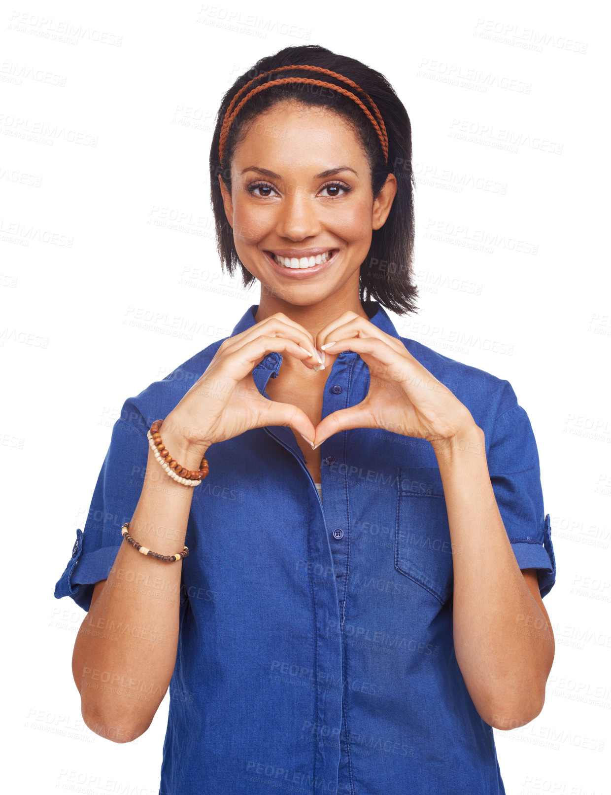 Buy stock photo Happy, heart hands or portrait of black woman with love for care, health or valentines day in studio. Smile, white background or African lady with gesture or thank you sign for hope, support or peace