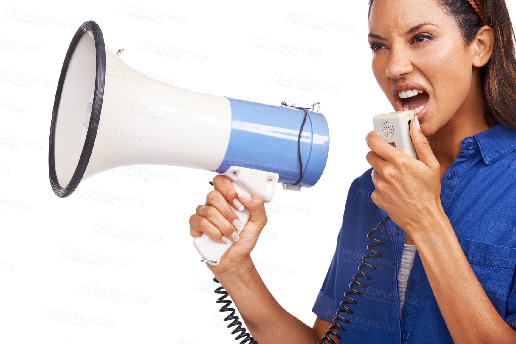 Buy stock photo Megaphone communication, studio and woman scream, angry or broadcast revolution speech on gender equality. Government politics protest, announcement sound or loud speaker isolated on white background