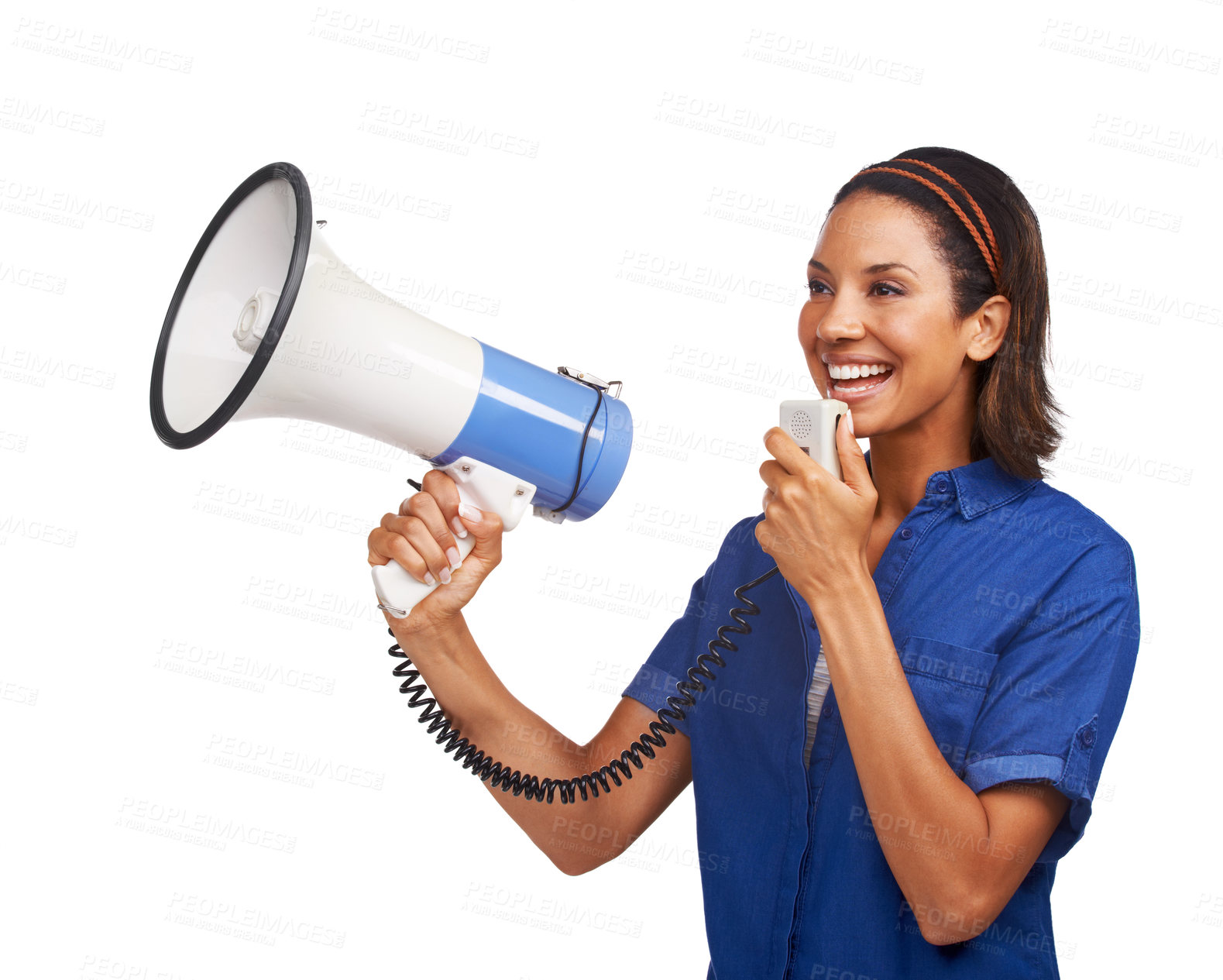 Buy stock photo Megaphone communication, studio smile and woman broadcast speech on promotion, sales news or discount deal. Commercial announcement, notification sound and happy speaker talking on white background