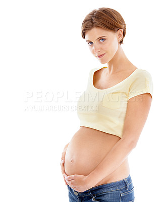 Buy stock photo Woman, pregnancy and stomach hold portrait to show baby love, happiness and smile. Happy mom care, wellness and mother hands holding abdomen showing loving new young mama empowerment with mockup