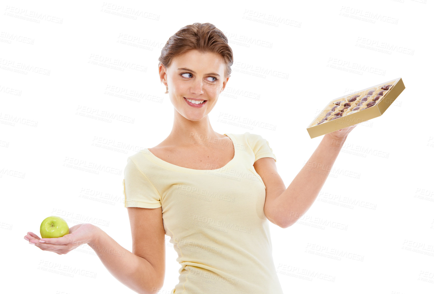 Buy stock photo Thinking, choice and diet decision of woman with candy craving, option and temptation marketing. Nutrition model choosing sweets with contemplating smile in white studio with advertising mockup.