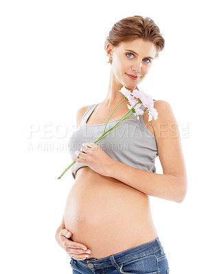 Buy stock photo Flowers, pregnant woman and studio portrait for pregnancy skincare, cellulite and beauty cosmetics. Healthcare, wellness and mother hand on stomach with floral or natural product advertising