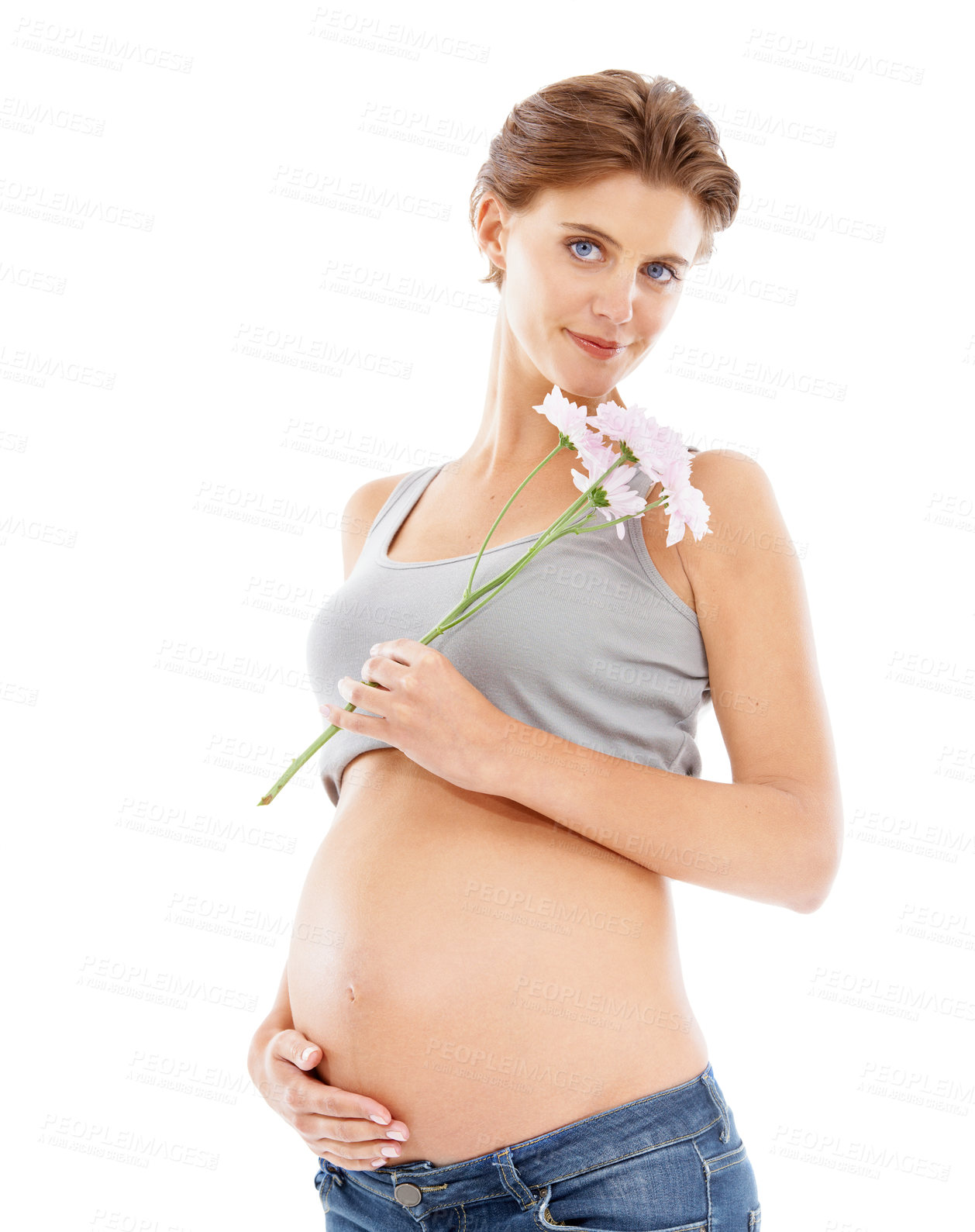 Buy stock photo Flowers, pregnant woman and studio portrait for pregnancy skincare, cellulite and beauty cosmetics. Healthcare, wellness and mother hand on stomach with floral or natural product advertising