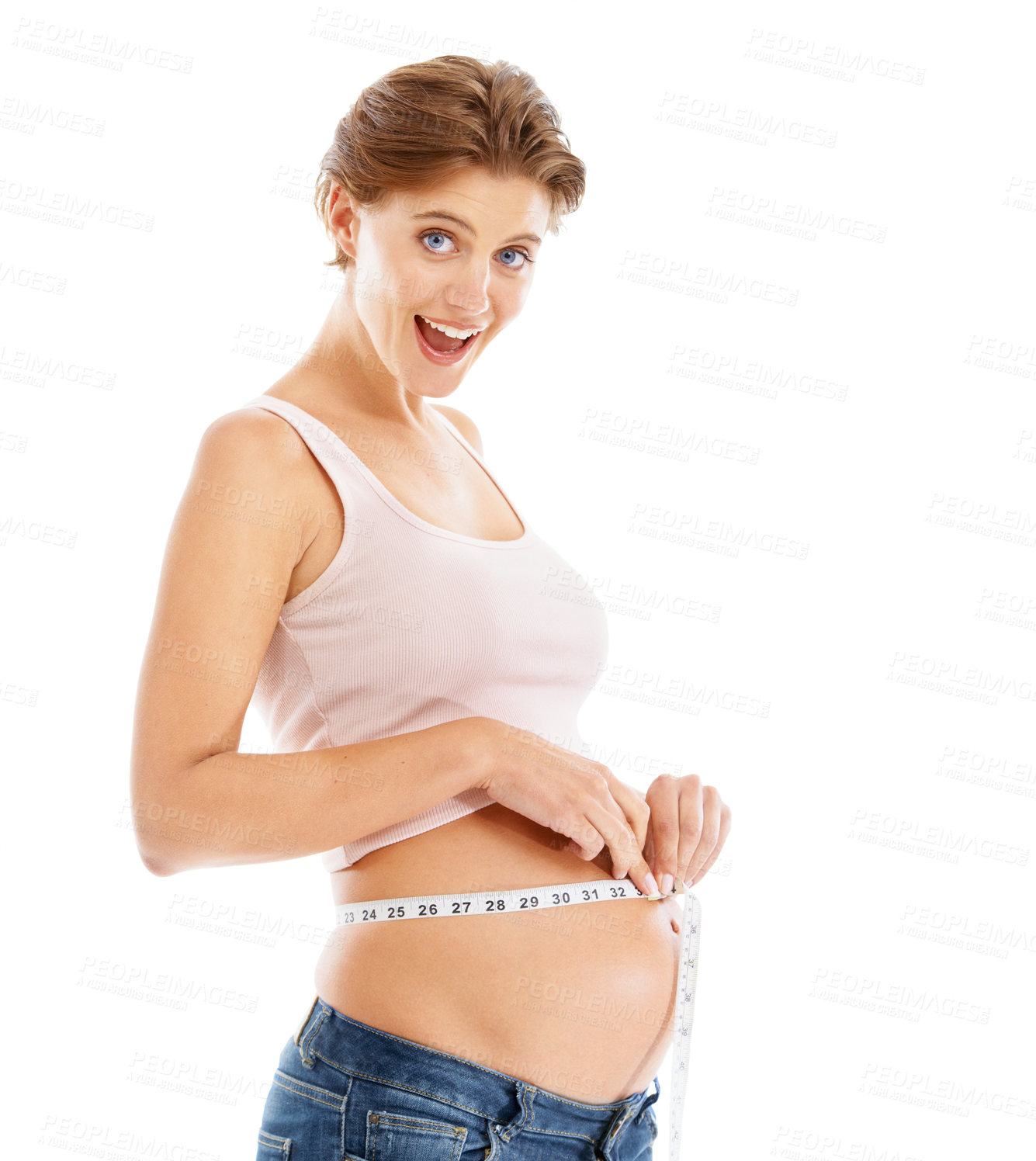 Buy stock photo Portrait of happy pregnant woman with measuring tape on stomach, excited smile on face and white background. Health, wellness and pregnancy, woman measuring growth progress of baby in belly in studio