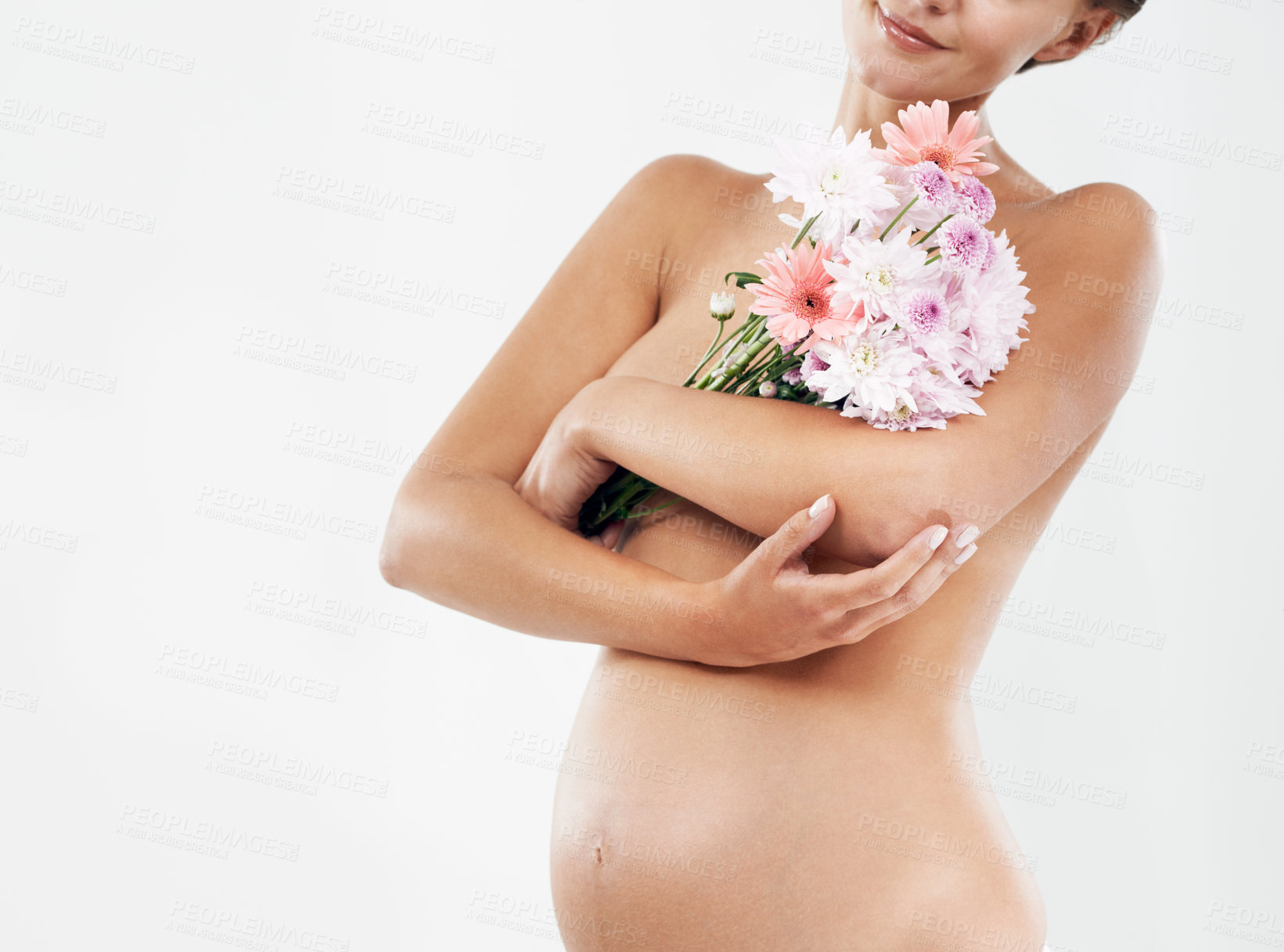 Buy stock photo Pregnancy, naked and pregnant, woman with flowers and nature, skin and mother isolated on white background. Beauty mockup, growth and development, wellness and love, stomach with baby and bouquet
