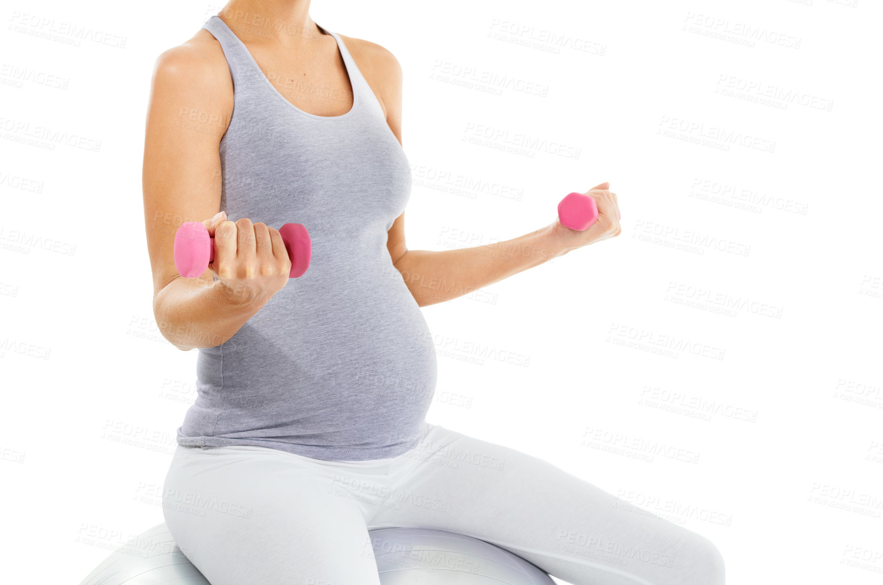 Buy stock photo Woman, pregnant and exercise ball with dumbbell in studio for training, health or self care by white background. Pregnancy fitness, development and isolated workout for future, balance or motivation