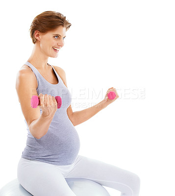 Buy stock photo Woman, pregnancy and exercise ball with dumbbell in studio for fitness, wellness and self care by white background. Pregnant woman, development and isolated workout for future, health and training