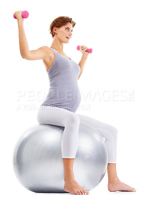 Buy stock photo Fitness, weightlifting and pregnant woman on gym ball for maternity wellness, healthy lifestyle and wellbeing. Sports, pregnancy and female for workout, exercise and pilates with dumbbells in studio