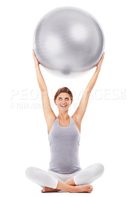 Buy stock photo Pregnant woman, smile and exercise ball with white background for fitness, pilates and wellness. Pregnancy, medicine ball and workout in studio for healthy maternity, yoga training and body energy