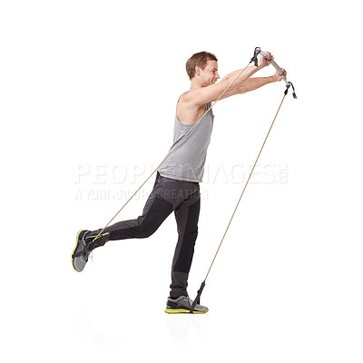 Buy stock photo Fitness, gym and resistance band with a young man in studio isolated on a white background for health. Workout, exercise or performance and a strong athlete training with equipment for wellness