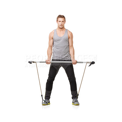 Buy stock photo Fitness, man and resistance band with portrait, training and wellness isolated on white studio background. Mockup space, person and model with workout, healthy and exercise with energy and stretching