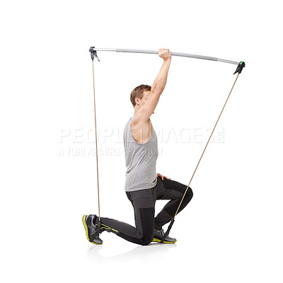 Buy stock photo Stretching man and resistance band with wellness, training and fitness isolated on white studio background. Mockup space, person and model with workout, healthy and progress with energy and exercise