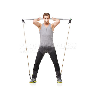 Buy stock photo Portrait, exercise, workout and resistance band with a young man in studio isolated on white background for health. Fitness, gym or performance and strong athlete training with equipment for wellness