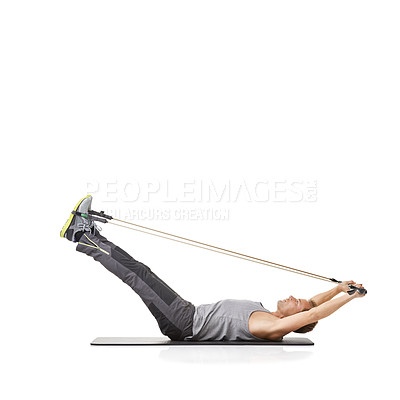Buy stock photo Exercise, man and resistance band with fitness, training and wellness isolated on white studio background. Mockup space, person and model with workout, healthy and progress with energy and endurance