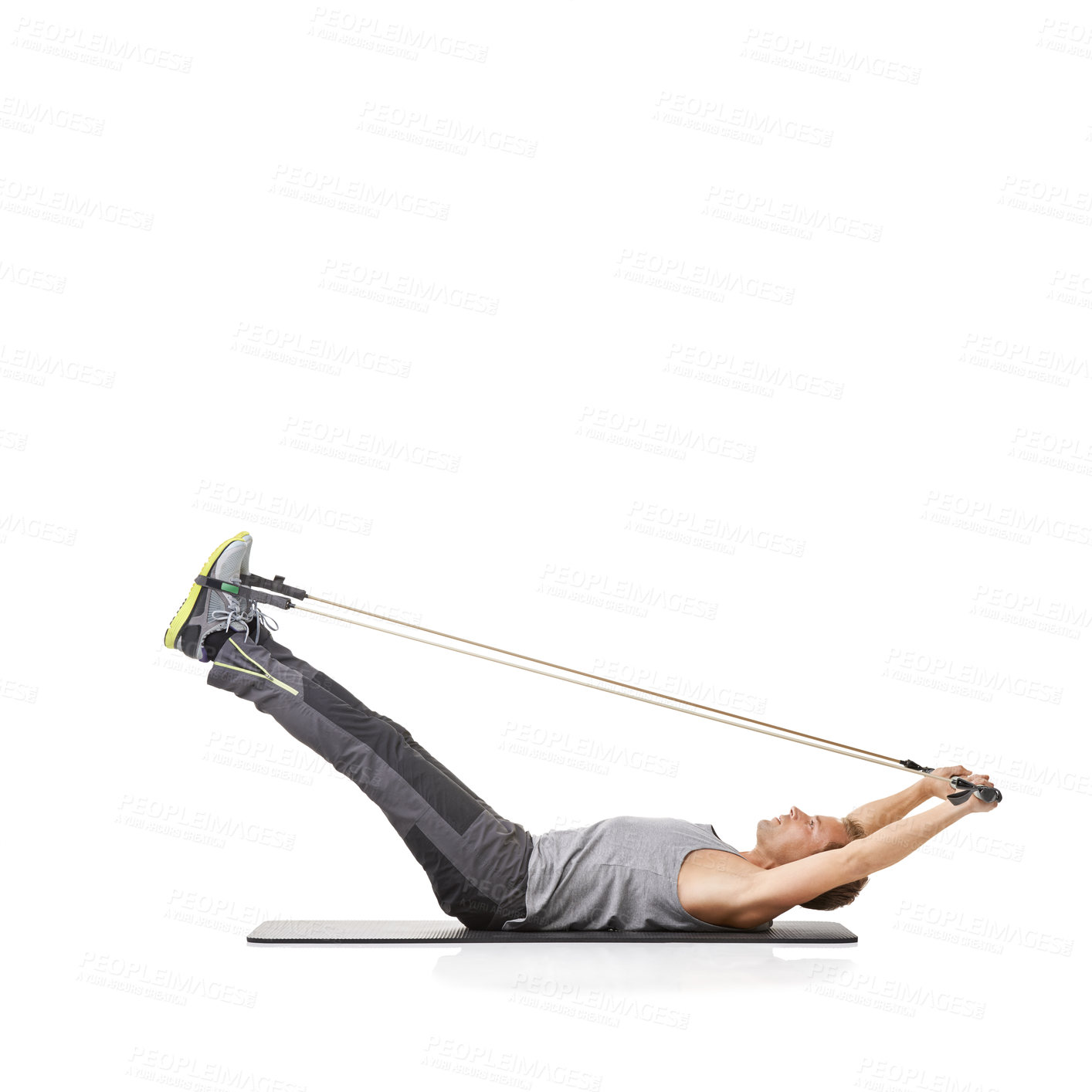 Buy stock photo Exercise, man and resistance band with fitness, training and wellness isolated on white studio background. Mockup space, person and model with workout, healthy and progress with energy and endurance
