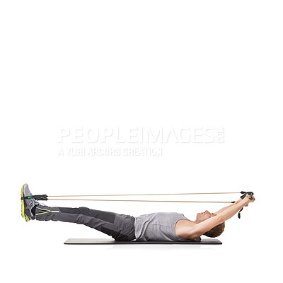 Buy stock photo Exercise, man and resistance band with fitness, workout and wellness isolated on white studio background. Mockup space, person or model with training, healthy and progress with energy or bodybuilding