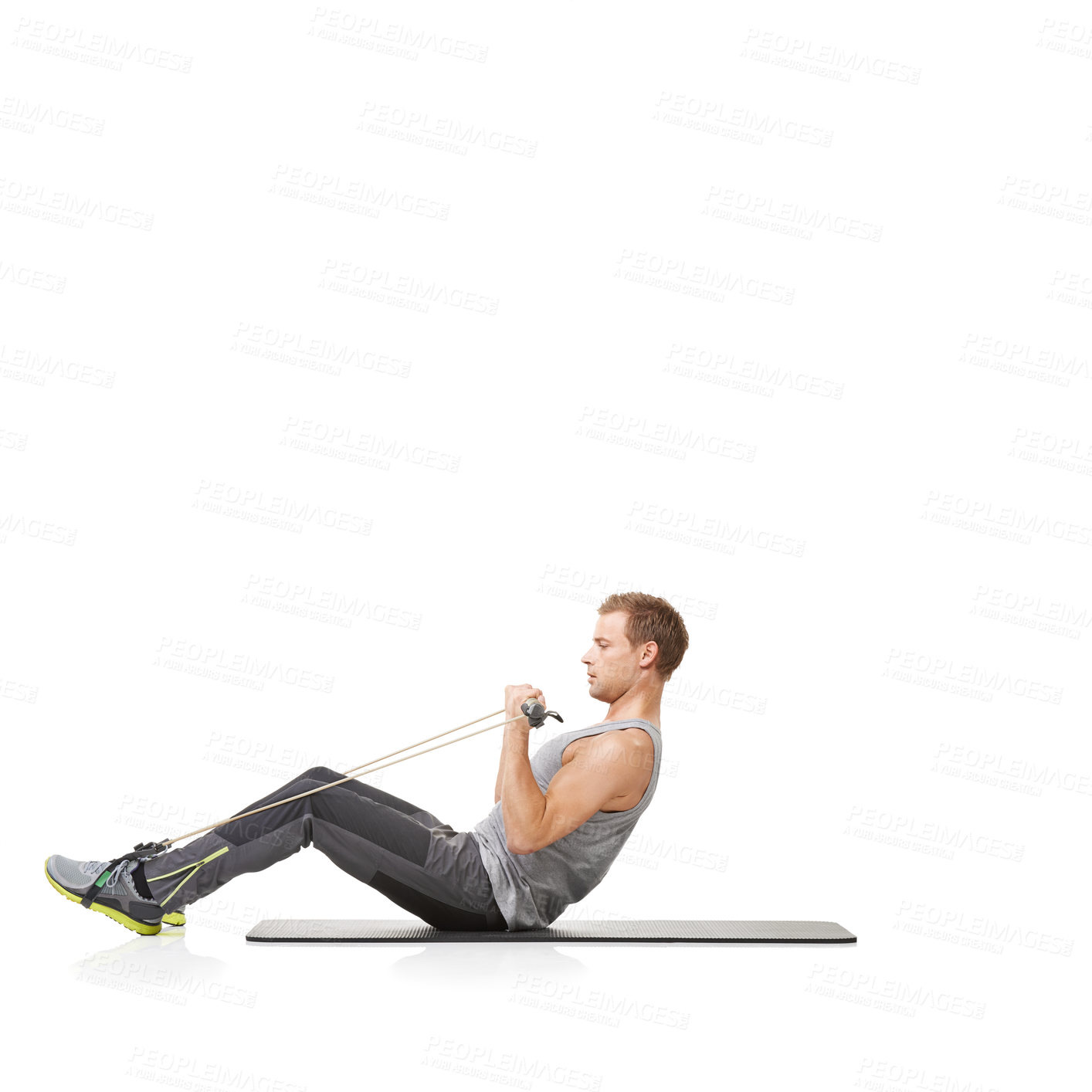 Buy stock photo Exercise, man and resistance band with wellness, training and fitness isolated on white studio background. Mockup space, person and model with workout, healthy and progress with energy and stretching