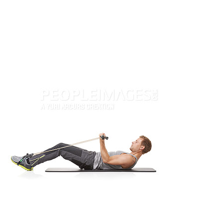 Buy stock photo Healthy, man and resistance band with fitness, training and wellness isolated on white studio background. Mockup space, person and model with workout, exercise and progress with energy and endurance
