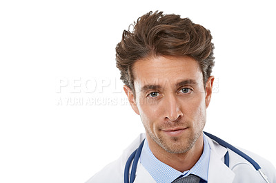 Buy stock photo Doctor, man and portrait in studio with pride and positive in medical career as cardiologist. Specialist face and man as medicine consultant, care and healthcare employee in trust by white background