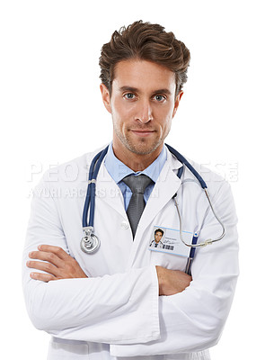 Buy stock photo Doctor, portrait or man for arms crossed in studio, confident or healthcare employee in medical career. Specialist, face or cardiologist in trust in medicine pride or stethoscope by white background