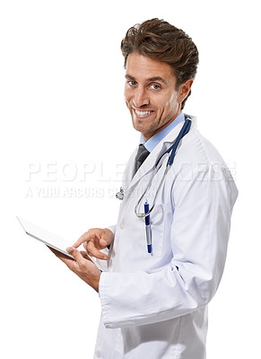 Buy stock photo Doctor, portrait and studio with clipboard, healthcare information and medicine notes with stethoscope. Specialist, face and consultant for health insurance, referral and trust by white background