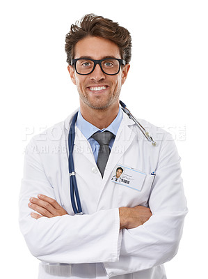 Buy stock photo Doctor, portrait and studio with happy in arms crossed and positive with medical career. Specialist, man or smile face of surgeon for medicine or healthcare employee for trust by white background