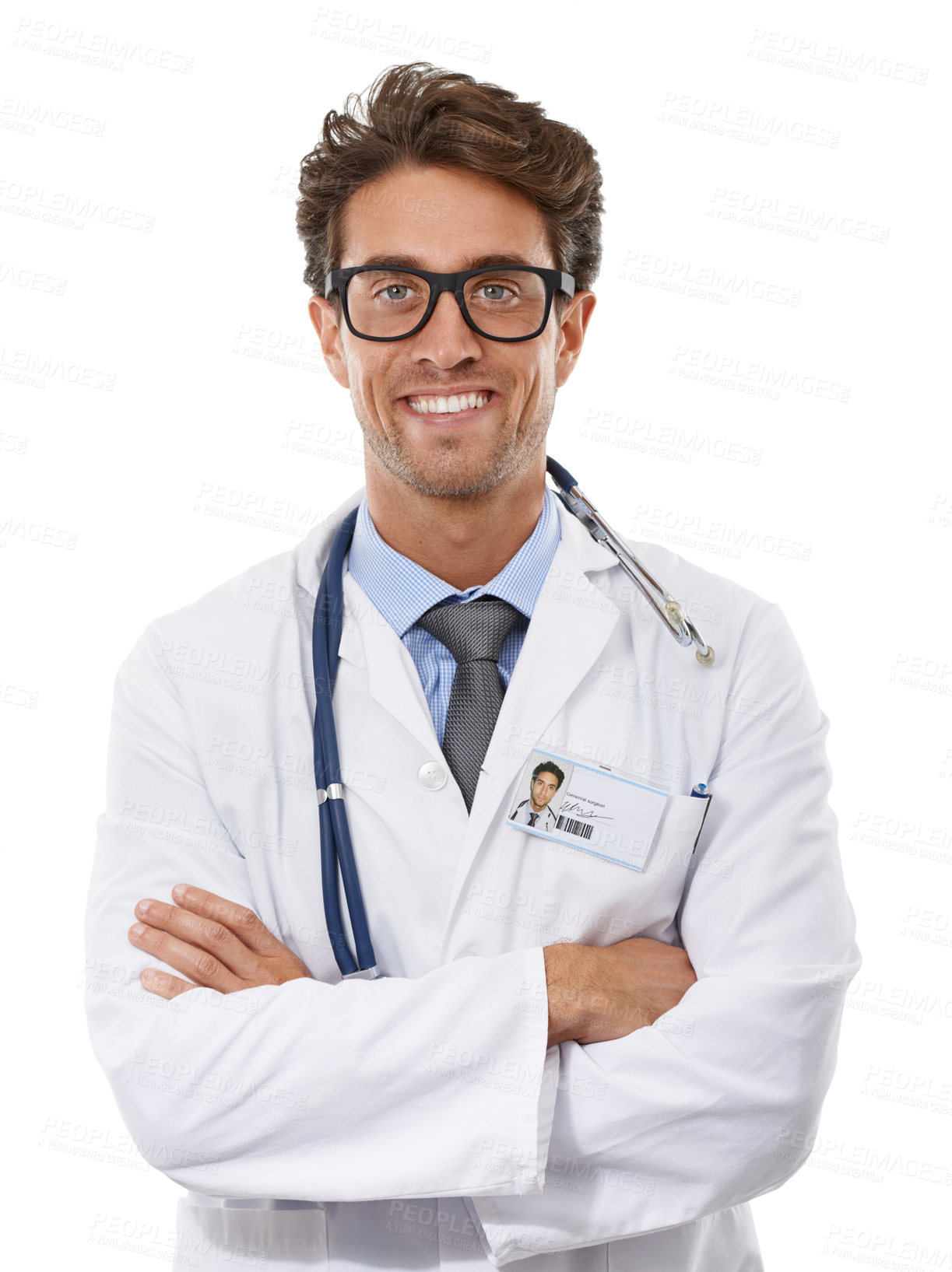 Buy stock photo Doctor, portrait and studio with happy in arms crossed and positive with medical career. Specialist, man or smile face of surgeon for medicine or healthcare employee for trust by white background